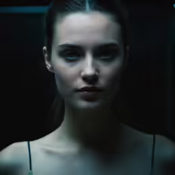 the woman is staring into the camera in the dark