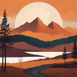 a sunset in the middle of a scenic landscape with the sun setting on the mountains and a trail running through it,a painting of the sun setting over a mountain range