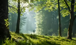 the man is walking through the forest alone