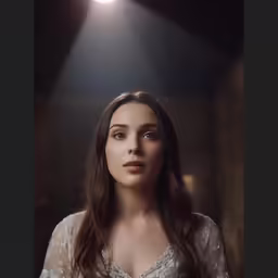 young woman in nightgown with spotlight from her head