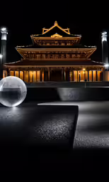 an outside view of a building with two large illuminated spheres at night