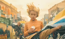 a girl holding an object with the wind in her hair