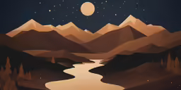 an art painting of a valley in the mountains at night