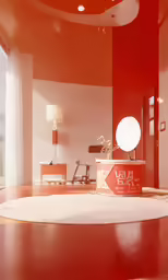 the room has an orange round shape in it