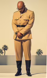 a man in military clothing looking down and a palm tree behind him