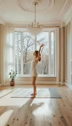 a young girl is standing in the middle of a yoga pose, in front of a window