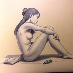 drawing of a woman sitting on the floor with a pencil in her lap,a girl sitting on a towel in front of a drawing