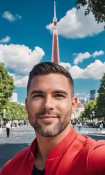 man in front of spire and sky line, against blue sky