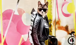 a woman in leather and catsuits poses near a wall