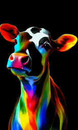 a multicolored cow is standing in the dark