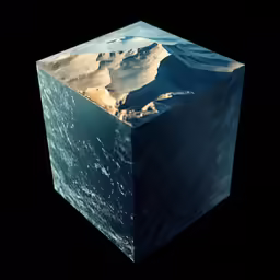 a cube box with an artistic image of mountains