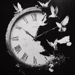 the clock says 12 28 and birds fly by