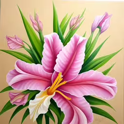 the painting is of pink flowers and green leaves,a painting of a pink flower with green leaves,a painting of a bouquet of pink flowers,a painting of pink and white flower in a vase,the painting has a pink flower in it