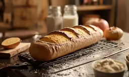 bread cooling on a grill, with some spices nearby