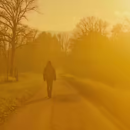 a person walking down the road towards the sun