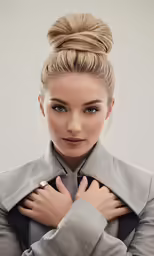 a woman with her hair up and a ponytail