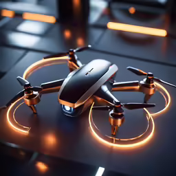 a small gray and black airplane with orange lights on it