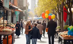 two people standing on the street with colorful balloons