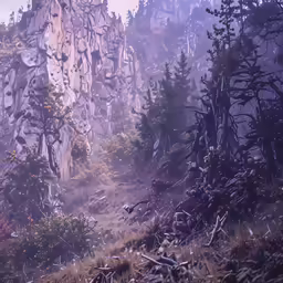a painting of some sort with a mountainside and trees