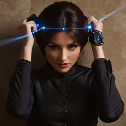 the woman is balancing two wires on her head