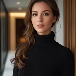 an attractive young woman leaning against a wall