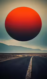 a giant orange ball flying through the air over a road