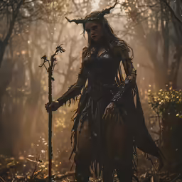 a person with horns and a horned head holding a sword