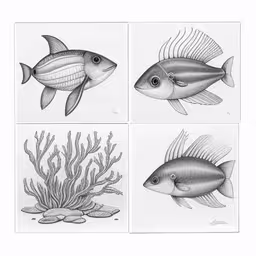 four penciled pictures of fish in various stages of development