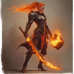 a girl in a black outfit is holding a fire sword