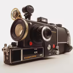 the front side of an old movie camera