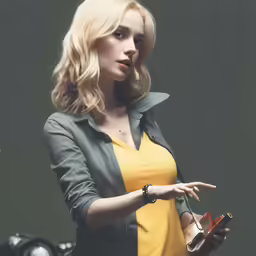 woman with open hand wearing yellow shirt and grey jacket