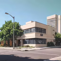 a very large building sits on the corner of an intersection