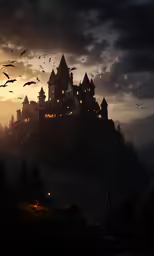 a castle in the middle of a night sky