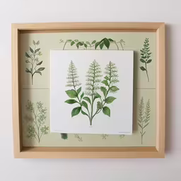 framed botanical print displayed on wall, various plants,a photo frame with some plants and other things in it