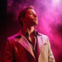 a man in a suit and pink light behind him