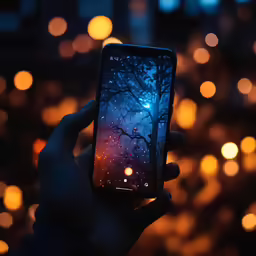 a person holds up a cell phone with a tree and lights on the screen