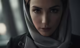 the woman in a scarf is looking into the camera