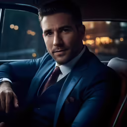 a well dressed man is sitting in the car