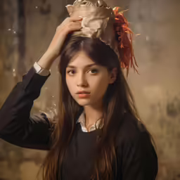 a woman is shown holding her crown up to her head