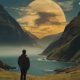 a man looking at a giant round object in the sky