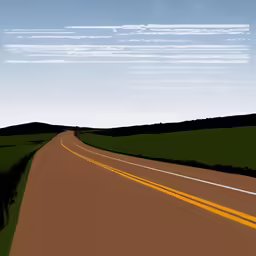 an illustration of a road going through the green grass and trees
