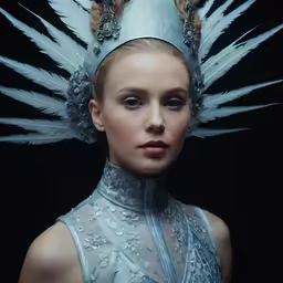 the young lady is wearing a silver hat with feather feathers