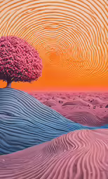a tree in a large field near a very colorful sky
