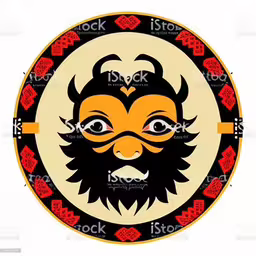 an evil demon with horns and a beard with hearts around it,a face in a circle with an orange and red decoration royalty free,a mask with eyes and horns is placed on a white background,an ornate black and red face with an orange beard,a stylized colored picture of the face of a demon