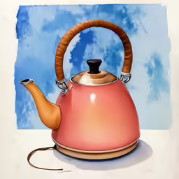 a painting of a teapot with an orange handle