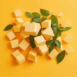 a yellow surface with some cubes of food and green leaves