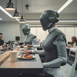 two futuristic people are having lunch at a desk