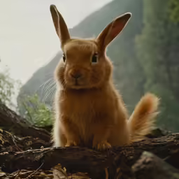 a red bunny is sitting on the ground near some trees