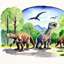 three different colored dinosaurs in the jungle