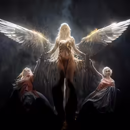 two girls sitting on their knees as one is dressed in angel clothing